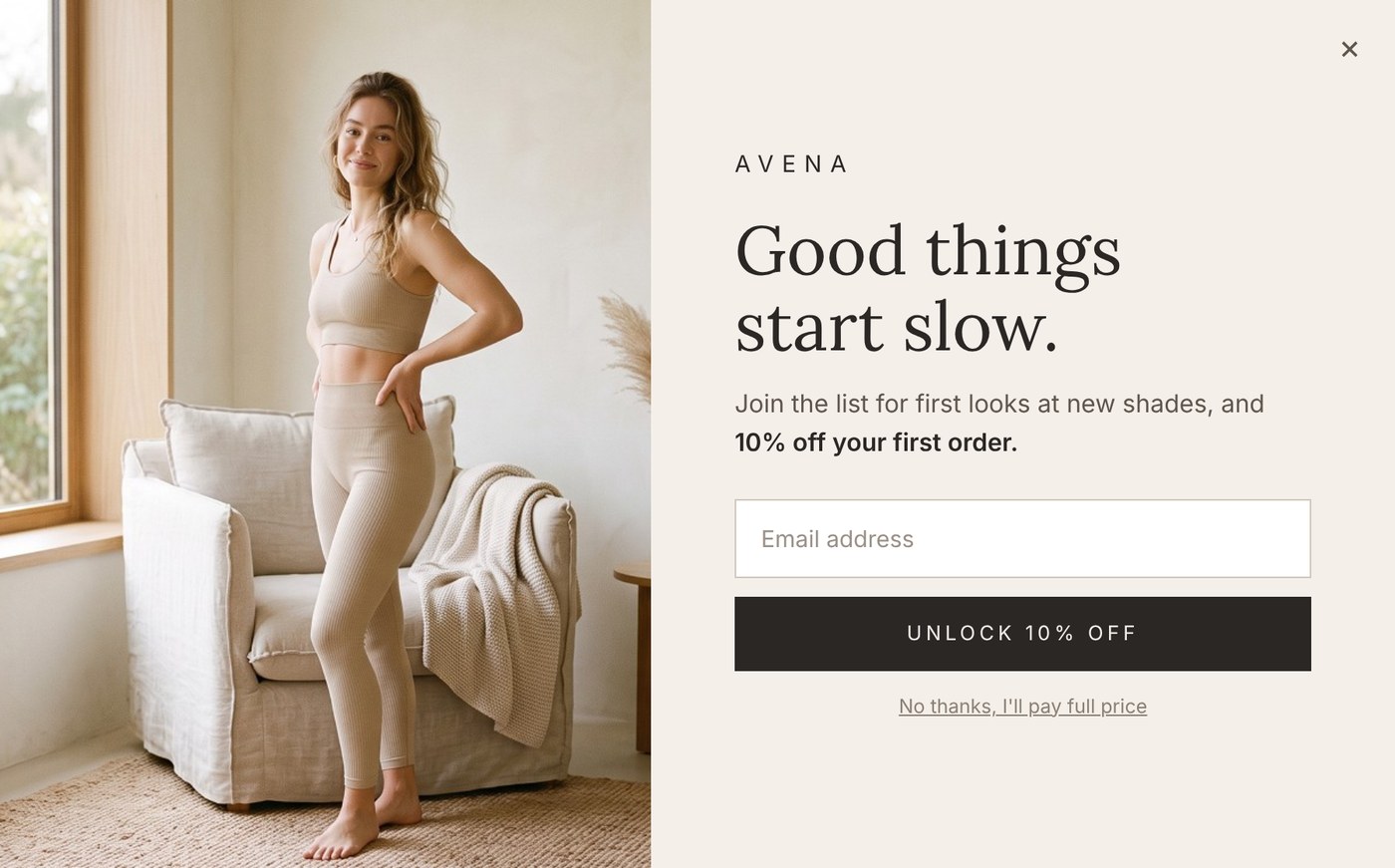 AVENA sign-up pop-up offering 10% off the first order