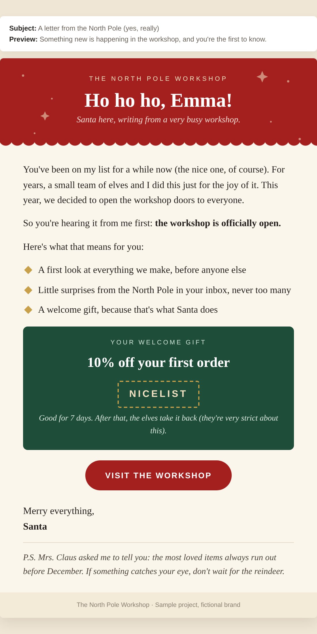 Welcome email 1: a letter from Santa